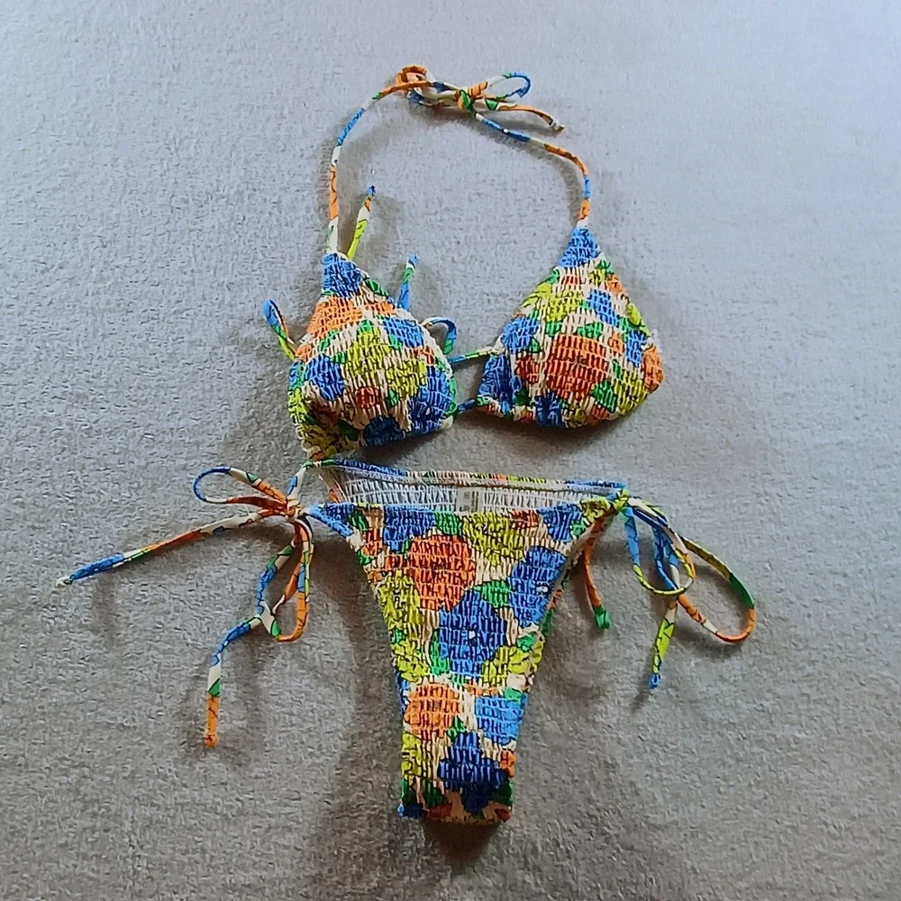 Women Bikini Set Multi-Color Smocked Floral Small Side Tie 2-Piece Festival